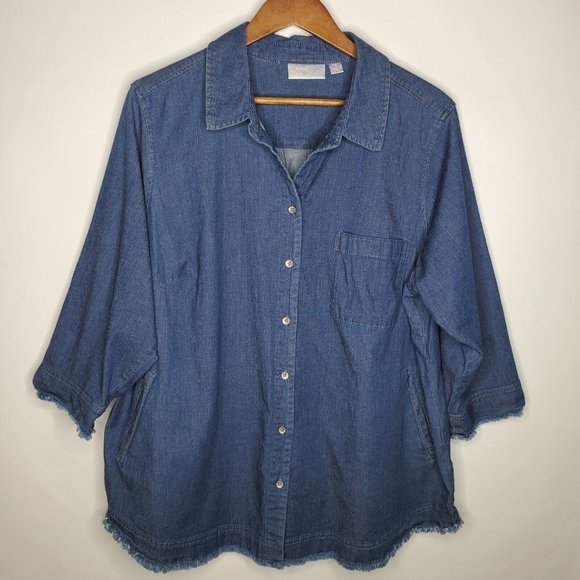 Belle Kim Gravel Womens Button Front Denim Shirt Size 1X Pockets Frayed Blue - Picture 1 of 9